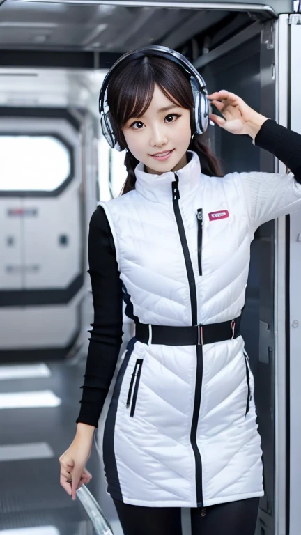 (Best Quality), (masterpiece), 1080P, High resolution, 4K, 8k, Inside the space station、Futuristic room、One Woman,20yo,astrovest,white shiny latex astrovest, black long sleeves,white down skirt,BREAK Shooting from directly below,Composition seen from below:3,BREAK Flip up the skirt、skirt rift up,Show your pants:5,、BREAK Smile、White diapers:3, sweat, Woman looking down,headphone,Braided Hair, Inner Color, Embarrassed face, Short black hair, smartwatch,, bedroom,