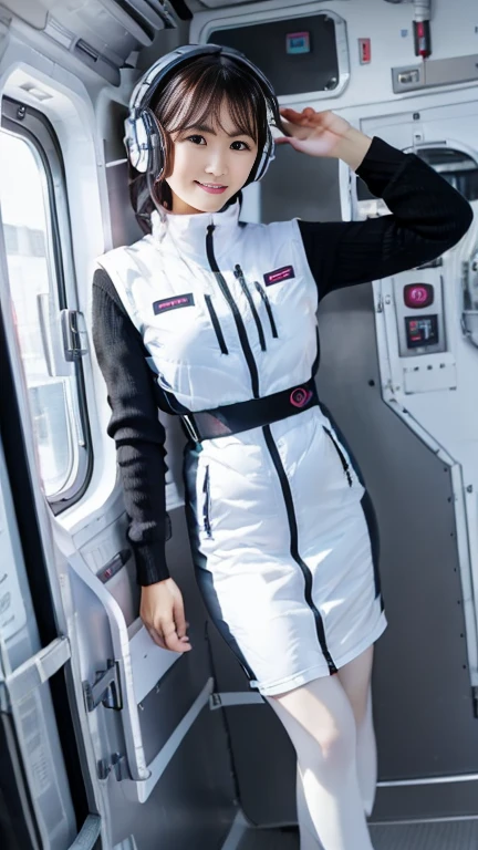 (Best Quality), (masterpiece), 1080P, High resolution, 4K, 8k, Inside the space station、Futuristic room、One Woman,20yo,astrovest,white shiny latex astrovest, black long sleeves,white down skirt,BREAK Shooting from directly below,Composition seen from below:3,BREAK Flip up the skirt、skirt rift up,Show your pants:5,、BREAK Smile、White diapers:3, sweat, Woman looking down,headphone,Braided Hair, Inner Color, Embarrassed face, Short black hair, smartwatch,, bedroom,