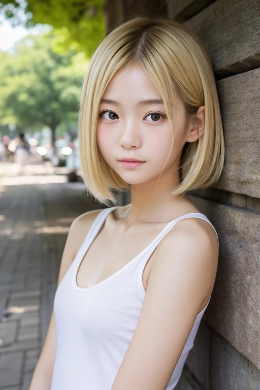 ((The 8k quality、proffesional、top-quality、masterpiece:1.3))、独奏、realisitic、Photorealsitic、portlate、Slender Abs:1.2、Very cute elementary school students、((flat chest:1.4、AA Cup、Skinny Beautiful Girl:1.4))、((bare-legged、fullnude:1.3))、Black Choker、evening、alleyway:1.4、Shiny platinum blonde hair、Silky straight shorthair、Straight bangs、12 year old girl、slender style、The body of a gritty、Young shiny shiny white shiny skin、Highly detailed facial and skin texture、Beautiful detailed eyes、 charming big eyes、beautiful detailed nose、Best Looks