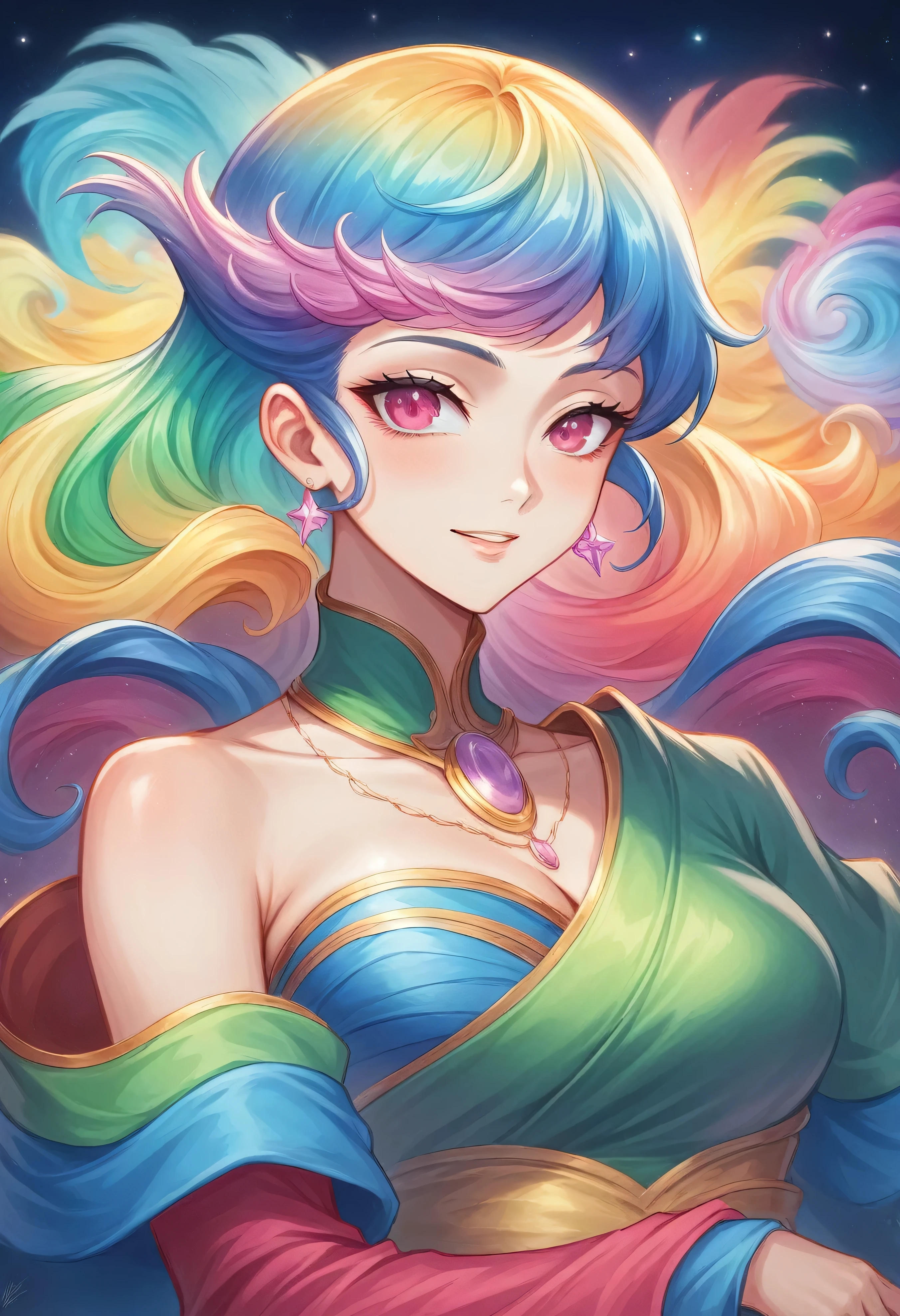 anime girl with colorful hair and a colorful dress, rossdraws pastel vibrant, rossdraws cartoon vibrant, anime style 4 k, beautiful anime portrait, artgerm colorful!!!, ! dream artgerm, beautiful anime girl, anime styled digital art, anime art wallpaper 4k, anime art wallpaper 4 k, digital anime art, extremely detailed artgerm
