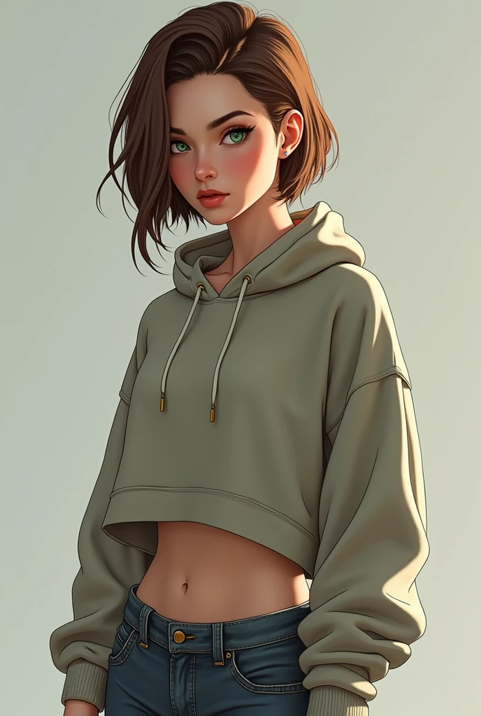 A girl with lean body approx 5'4 height diamond shape face ,straight nose, little bit of small lips, hunter eyes with green eyeballs and brown hair with wolf cut ,wearing hoddie and jeans