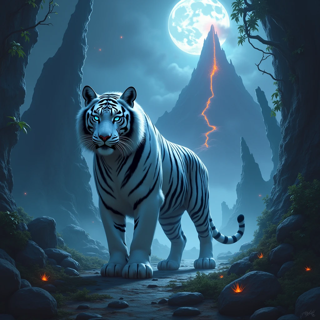 spirit animal, score_9, score_8_consolation, score_7_consolation, score_6_consolation, score_5_consolation, score_4_consolation, ethereal ghost baby tiger, Beloved, cartoon character, glowing blue eyes, glowing snake, fantasy forest at night time, realistic, very detailed, There are no humans