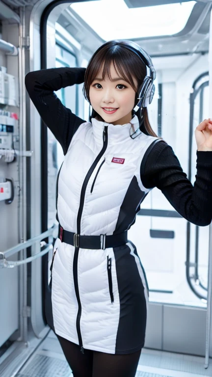 (Best Quality), (masterpiece), 1080P, High resolution, 4K, 8k, Inside the space station、Futuristic room、One Woman,20yo,astrovest,white shiny latex astrovest, black long sleeves,white down skirt,BREAK Shooting from directly below,Composition seen from below:3,BREAK Flip up the skirt、skirt rift up,Show your pants:5,、BREAK Smile、White diapers:3, sweat, Woman looking down,headphone,Braided Hair, Inner Color, Embarrassed face, Short black hair, smartwatch,, bedroom,