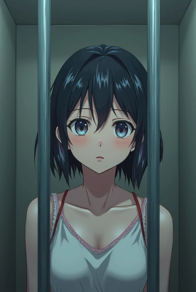 Make an anime girl who is 17 locked in a room looking at the camera 