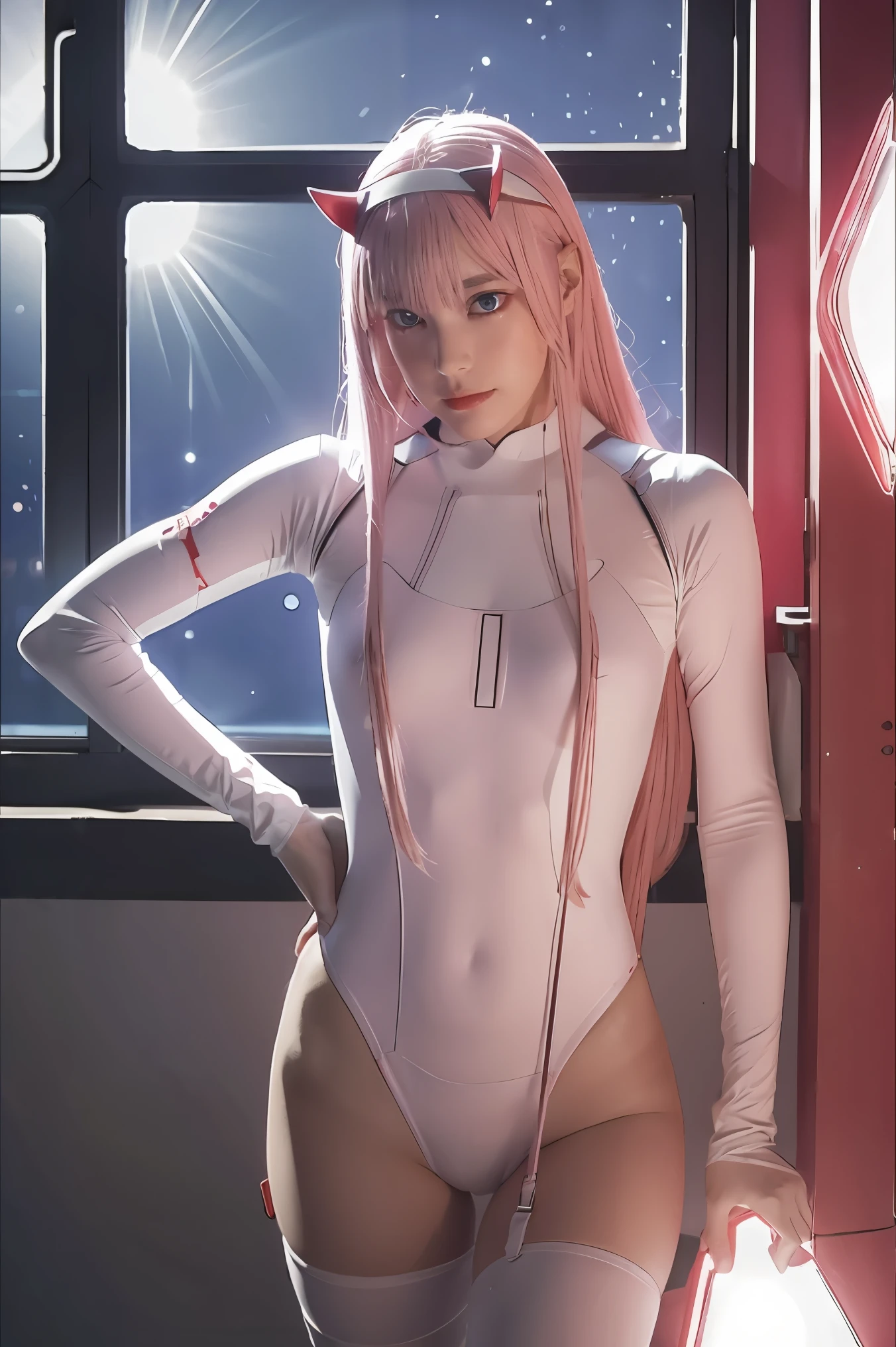 dynamic angle,ultra-detailed, illustration, straight on, 1girl, ((Zero two, interface headband with a pair of horns, red bodysuit:1.4, pink hair)), Her eyes shone like dreamy stars,(glowing eyes:1.233),(beautiful and detailed eyes:1.1),(expressionless, closed mouth),(standing), (mechanic room with tools and spaceship window in a white SPACESHIP), (night:1.2), dreamy, [[delicate fingers and hands:0.55]::0.85],(detail fingers), smirk,