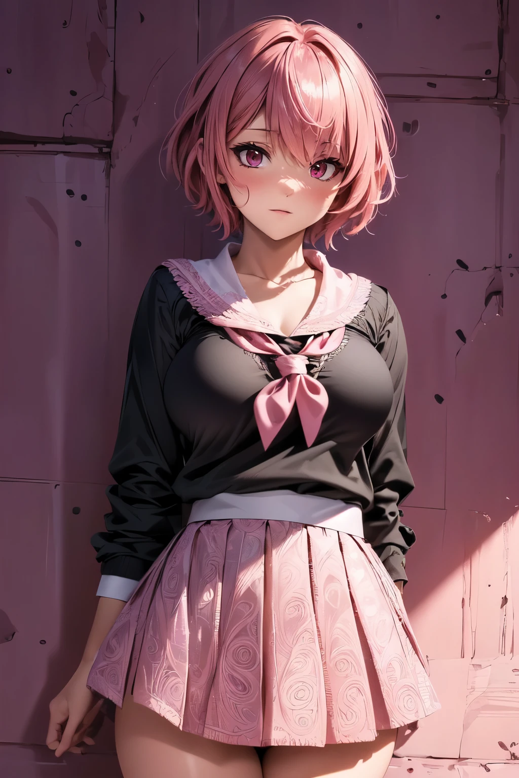 (Ultra-detailed background, Detailed background), absurderes, A high resolution, Ultra detailed, extremely detaile, 1girll, Pink hair, short hair, Pink eyes, school girl uniform, small breasts  (zentangle:1.2), (geomerty:1.2),(Colorful),