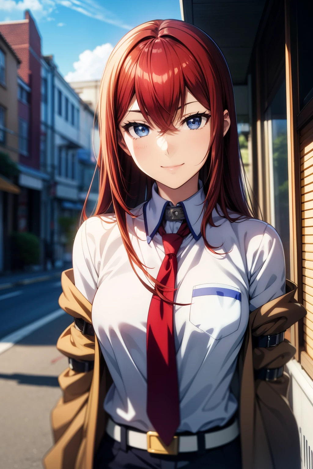 masterpiece、Best Quality、High resolution、Detailed face、((anime、anime塗り、animeカラーリング、RAW Photos)),makise kurisu,1girl, bangs, belt, blue eyes, chain, chained, gloves, ground vehicle, hair between eyes, jacket, long hair, looking at viewer, makise kurisu, necktie, red hair, shirt, Alone, Random Pause、Random Angle、シンプルなanime背景,smile