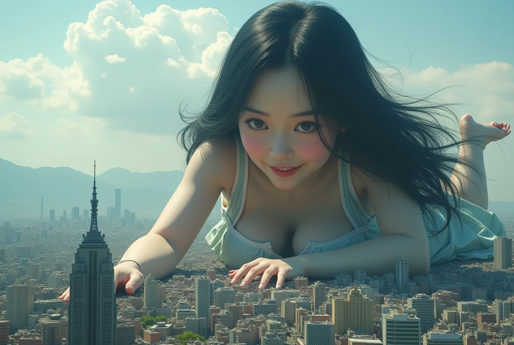 High resolution、Super detailed、(1 girl:1.3)、complex architecture、lush garden、Designing images using the fisheye effect、Capture a wide field of view with a unique curved perspective、panoramic cityscape、Creating elevation-aware rooftop views in urban environments、smile、cleavage