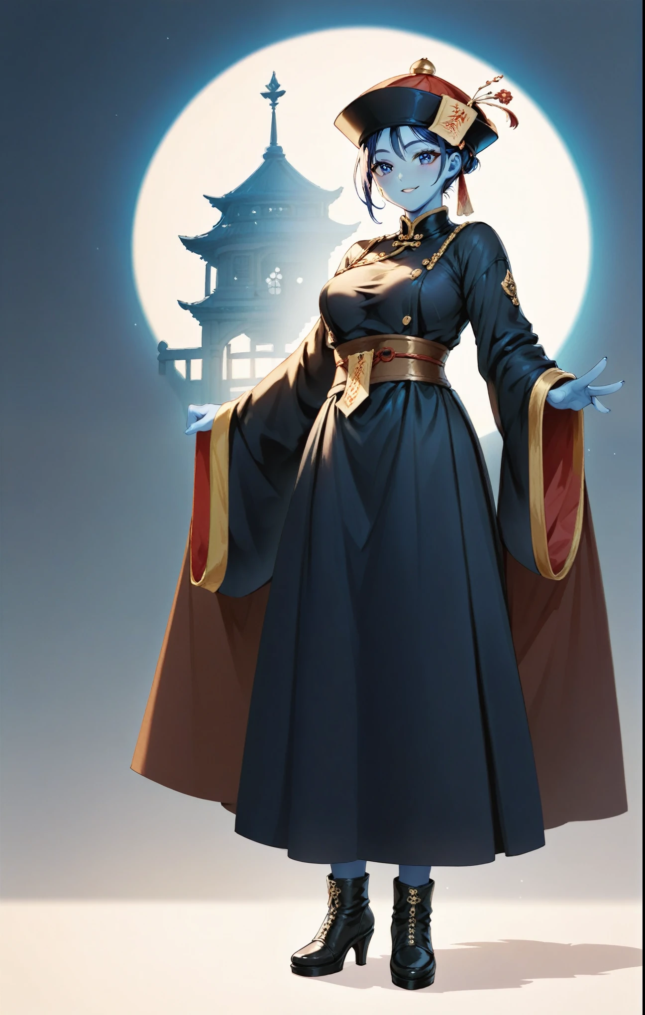 Masterpiece, Full body portrait, Score_9, Score_8_up, Score_7_up, Score_6_up, Score_5_up, Score_4_up, Jiangshi, One girl, Thrust your arms out in front of you, Short Hair, cute, Blue Skin, Dressed in black Chinese embroidered clothing, hat, Bills on the forehead, Long sleeves that cover the hands:1.3, Dangle your fingers down, Temple of the Night, moonlight, moonlight