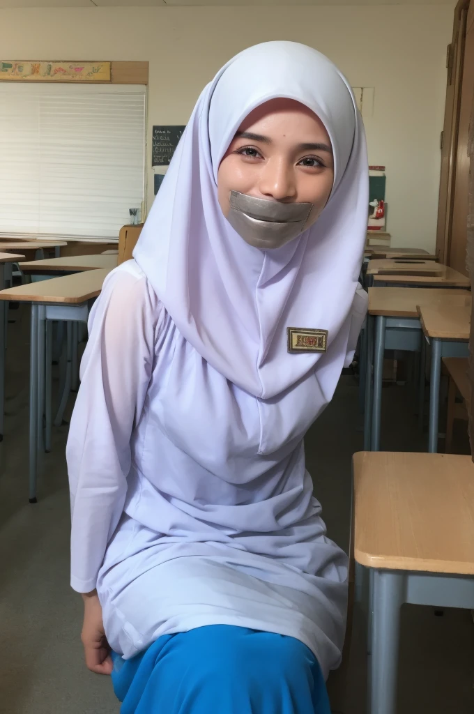 a close up of a woman in a classroom, sitting on a chair in front of a table, warm lighting, daytime, looking at viewer, smiling, (baju kurung, white hijab:1.2), gagged, bound, bondage, duct tape, tape gag