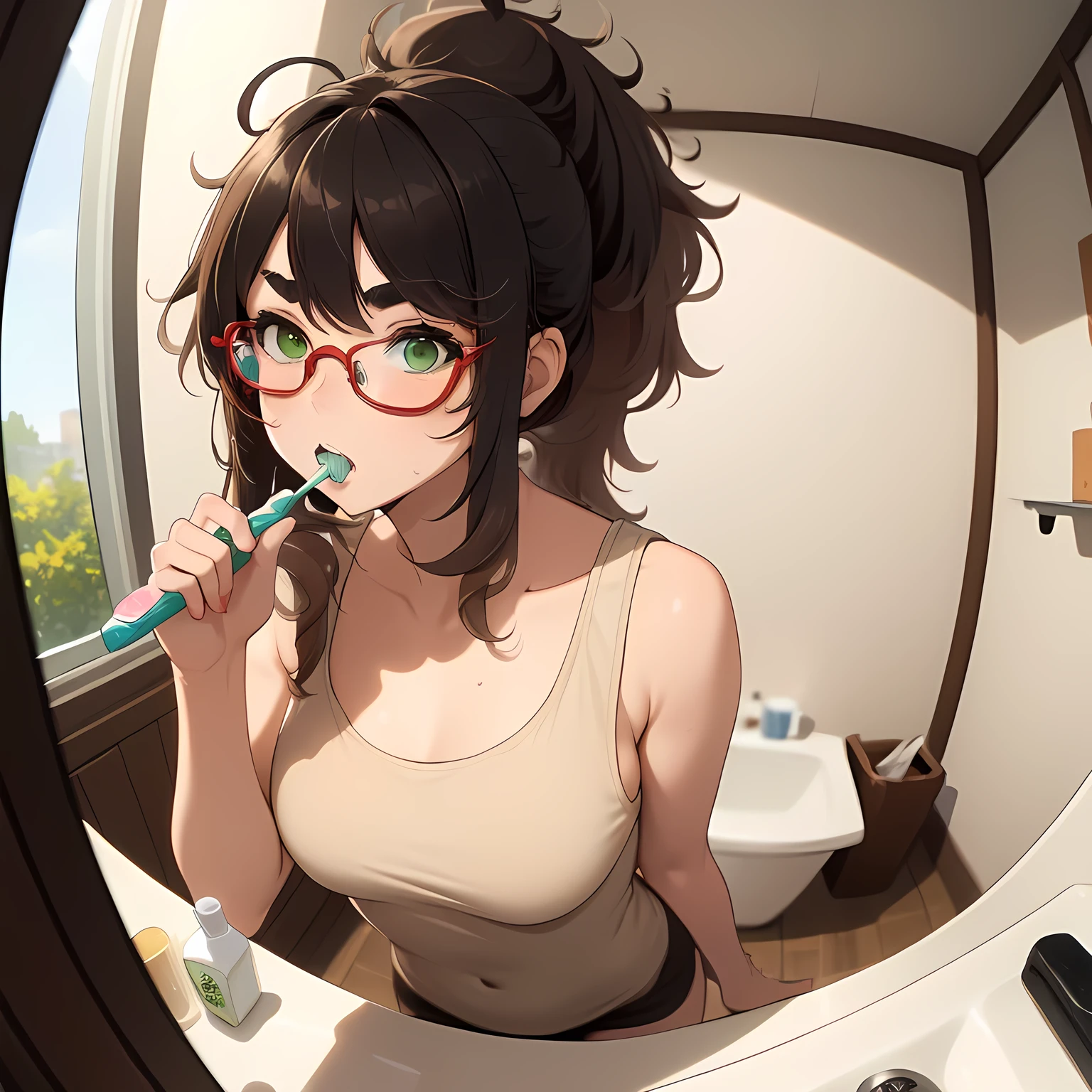 ((((Alone)))),(high ponytail:1.3),(messy hair:1.9),(brown hair:1.1),(thick eyebrows:1.1),(RED handed over the glasses),(large breasts:0.6),,((green eyes)),break,

(black tight tank top),break,((Beige shorts)),break,

(toothbrush),(brush teeth),Washroom,break

(fisheye:1.1),(focus on mouth)