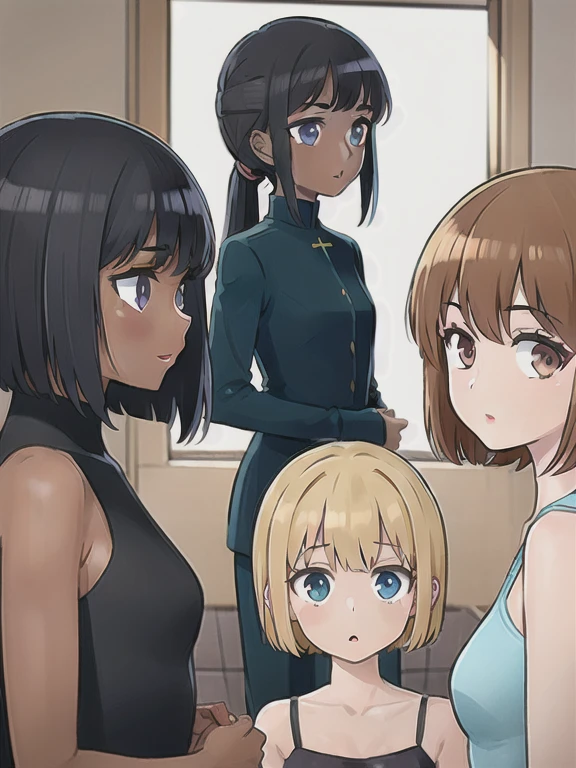 (((masterpiece, best quality)))，(((3girl)))，(((3girls)))，(((3 girl)))，(((3 girls)))，((small:1.3))，Long eyelashes，Dark Skin, Very small young girl，Dark Skin，Double ponytail brown hair，Very short hair#1: Short, Matte Bangs，baby face，Round Face，Big round eyes，Spread legs，park，bedroom，evening，laying down，touching，Vibrant colors，(((yuri)))，((orgasm))，blush，sweat，green hair，mini skirt，upskirt，white panties，white kneehighs，girl hugs girl，cute，panting，sticky clear mucus on thighs，sticky mucus on thighs，mouth open，tongue out，sticky clear mucus，slightly clear mucus，((small breasts))，(((flat chest)))，sticky clear mucus on panties，wet panties，clear mucus dripping down thighs，blushing，bedroom eyes，half-lidded eyes，half-closed eyes，((clear view))，((best quality))，((high detail))，sticky clear mucus on panties，dripping off panties，lewd face，slightly clear mucus on thighs，dripping saliva，sticky thighs，lewd，clear liquid on thighs，((multiple girls))，((multiple people))，((3 people))，((three people))，exposed，exposed breasts，hard nipples，saliva trail，((hugging))，((kissing))，((nsfw))，((not safe for work))，(nsfw) not safe for work，sapphic，lesbians，lesbian sisters，tongue on thighs，licking each other，teasing each other，(cameltoe)，(camel toe)，(small tongue)，(short tongue)，((dripping panties))，female orgasm，mischievous look，((no shirt))，((no bra)))，((topless))，lewd，licking panties, licking thighs，exposed thighs，((bottomless)), removing clothes, removing skirt, removing shirt, removing bra, 