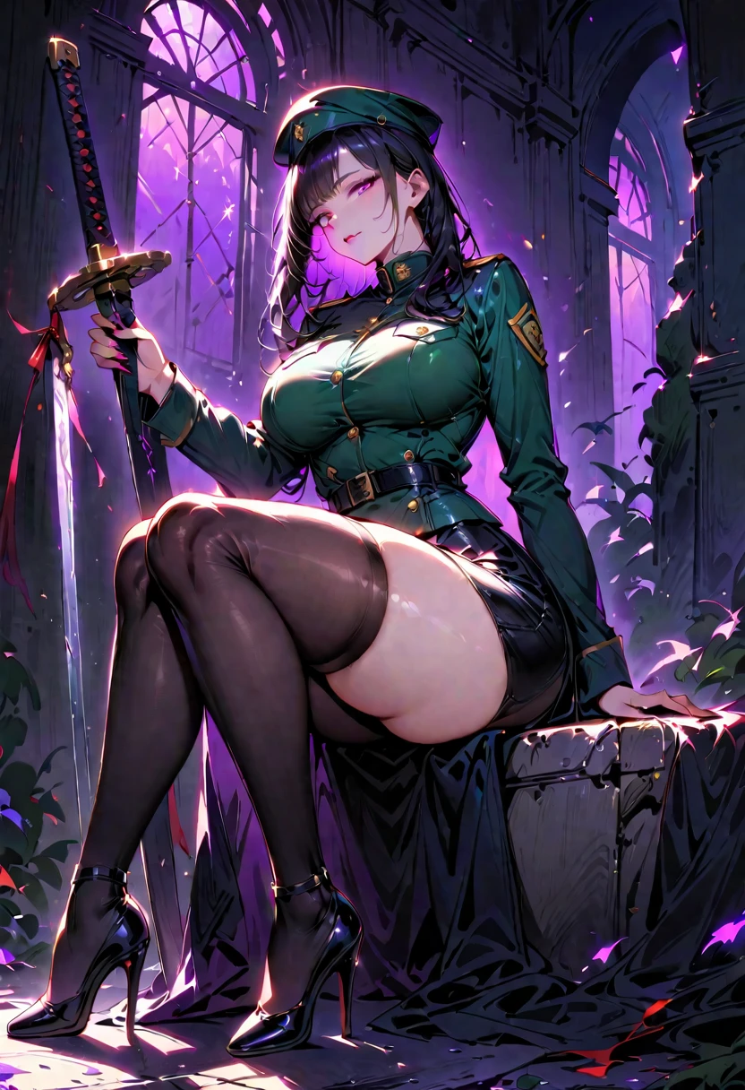 Green hair big chest big ass mouth with lipstick short clothes sitting on the floor with sword in hand 