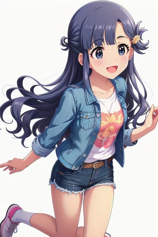 2D, anime, anime coloring, (solid white background:1.3) Asari Nanami,
long hair, blue eyes, blue hair, smile, open mouth, 1girl, hair ornament, bangs, fish hair ornament, fish, solo, blush, full body, stand, idle, t-shirt, white shirt, denim jacket, wavy hair, water belt, denim shorts, shorts rolled up