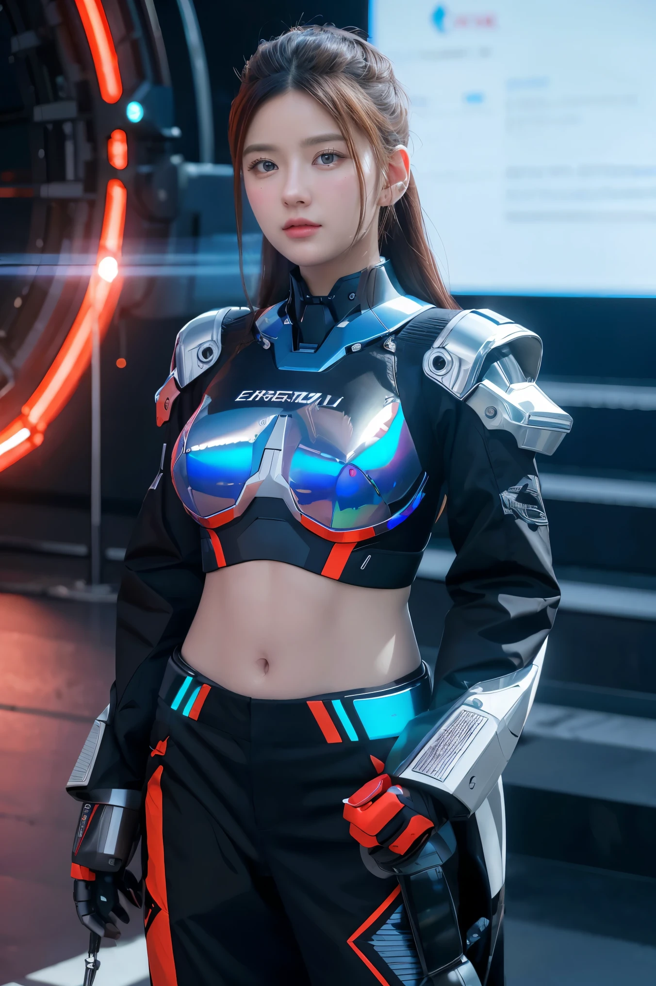 ((masterpiece, best quality)),illustration,ultra detailed 8k,(detailed face), photorealistic,sharp focus,highly detailed,professional lighting,colorful details,iridescent colors BREAK extreme long shot of a factory,large mechanical robot construction,microchip,computer,glowing,intricate details,shitu-mecha,1girl is standing back turned in front of the audience,Navel