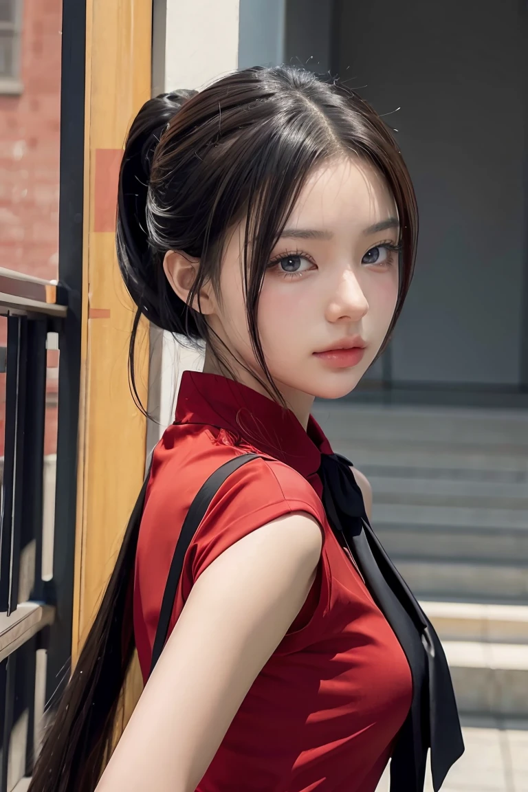 anime girl in red shirt and black tie posing for a photo, by Yang J, extremely detailed artegerm, Rin Tohsaka, artegerm jsc, guweiz style artwork, beautiful digital art, artegerm.  High detail, range murata and artegerm, style artegerm, even model |  artegerm