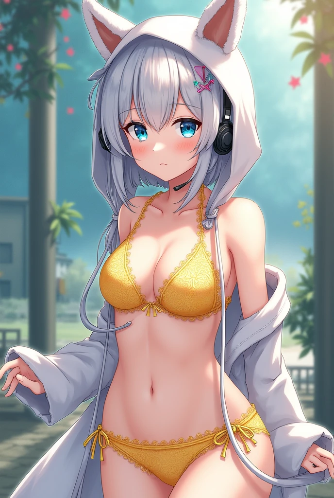 ((Top Quality)), ((Masterpiece)), ((Details)), perfect face, perfect body, fallen leaves background, sitting on a bench, listening to music, wearing headphones, transparent clothes, wearing clothes exposing tight hips and breasts Woman with face visible, sitting with legs apart