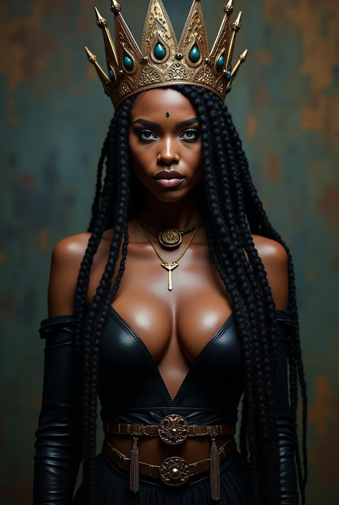 In the dimly lit room, an African woman with naked breasts radiates an alluring presence. Her toned, sun-kissed body is adorned with intricate tribal tattoos, adding to her mystical aura. Her large, dark nipples stand erect, emphasizing her femininity and sensuality. Her curly, thick Afro hair cascades down her shoulders, adorned with beads and glistening in the low lighting. Her deep, soulful eyes, framed by long, thick lashes, radiate an enchanting gaze. Her lithe frame contradicts the boldness of her torso, creating a captivating juxtaposition. Her