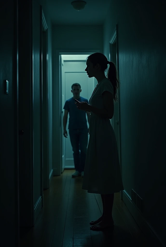 Imagine a poorly lit kitchen, where the dim light from the lamps creates a play of distorted shadows on the walls and floor. In the center of the scene, the brunette woman with straight hair, wearing simple pajamas, is completely overcome by terror. His face reveals a mixture of panic and absolute horror., with wide eyes and trembling hands She holds a bloody knife, that has just been stabbed hard into the belly of a shadowy figure shaped like a man. cel shadow, although immaterial, appears to have an almost physical consistency, bleeding abnormally, running down the blade and staining the floor. The woman, still terrified, keeps the knife firmly stuck.
the atmosphere is filled with a sense of desperate struggle, where fear and survival collide brutally. the kitchen, with their surfaces reflecting chaos, becomes the stage for a surreal battle, where the line between the real and the spectral blurs. The air feels heavy, loaded with a suffocating tension, as the shadow and the woman face off in a deadly fight, with the terror palpable in every detail of the scene