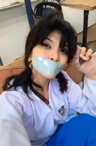 masterpiece, best quality, highres, female, 1girl, wearing indonesian high , selfie, close up, black long hair with front bang, white shirt, light blue tie, 17 yo, green wall, gagged, ball gag, tape gag