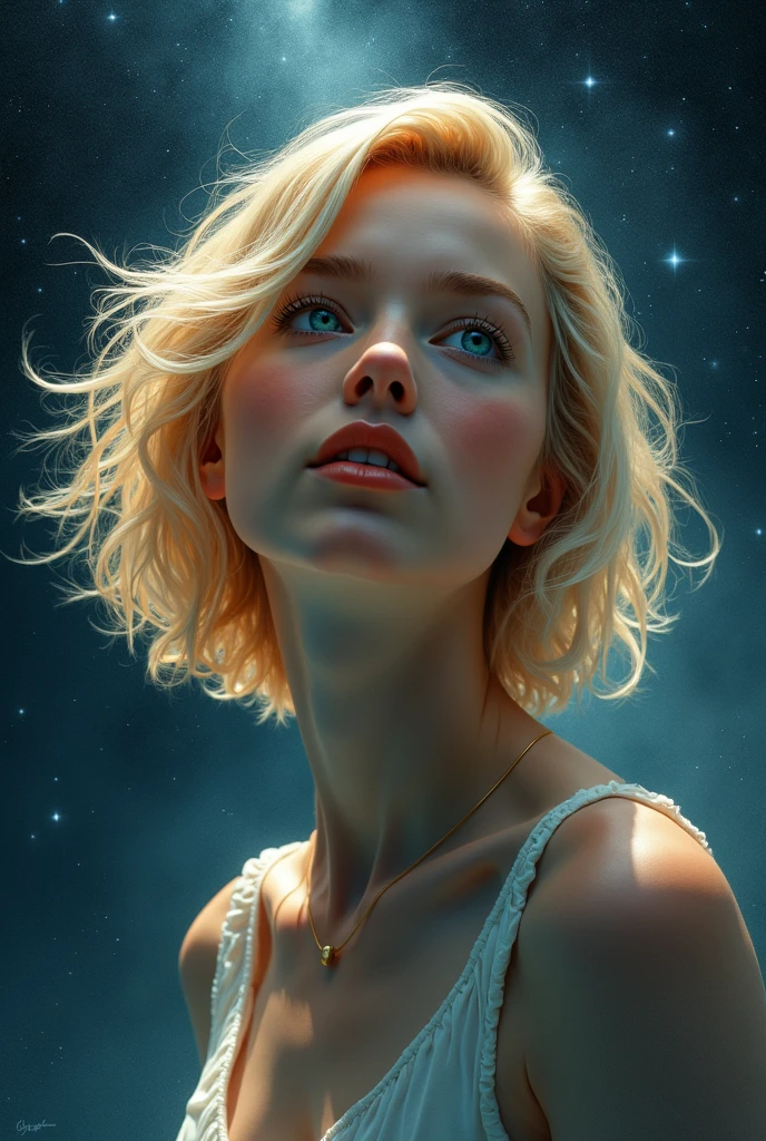 beautiful blonde woman short shoulder length hair in the universe