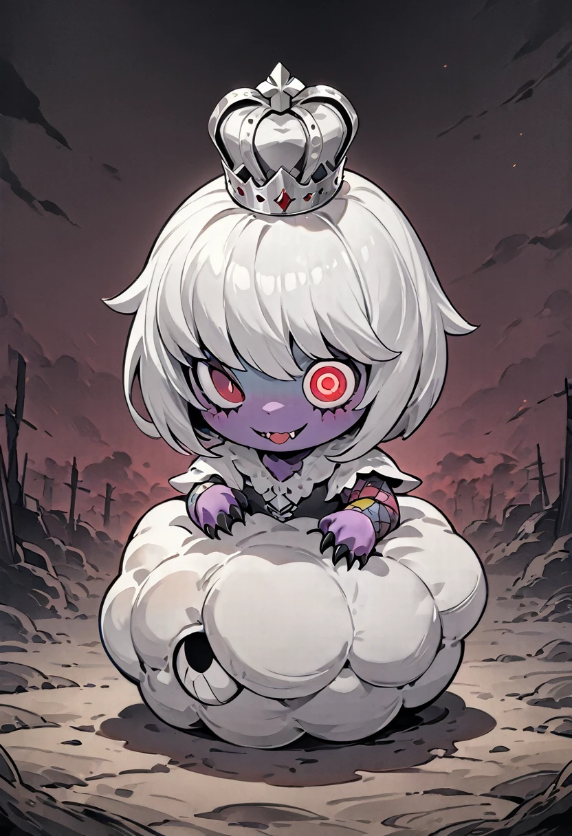 (Best Quality:1.5, cute, High resolution,masterpiece:1.5), Large white stuffed toy, Patchwork, Wearing a white crown, Left eyeball drooping:1.5, Sharp Claws, Flexible body, Horror backgrounds:1.2, Illustrated style:1.2, Pop illustrations:1.1