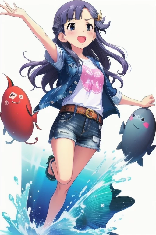 2D, anime, anime coloring, (solid white background:1.3) Asari Nanami, long hair, blue eyes, blue hair, smile, open mouth, 1girl, hair ornament, bangs, fish hair ornament, fish, solo, blush, full body, stand, idle, t-shirt, white shirt, denim jacket, wavy hair, water, belt, denim shorts, shorts rolled up