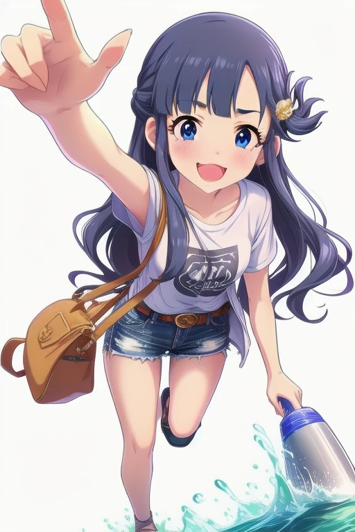 2D, anime, anime coloring, (solid white background:1.3) Asari Nanami, long hair, blue eyes, blue hair, smile, open mouth, 1girl, hair ornament, bangs, fish hair ornament, fish, solo, blush, full body, stand, idle, t-shirt, white shirt, denim jacket, wavy hair, water, belt, denim shorts, shorts rolled up