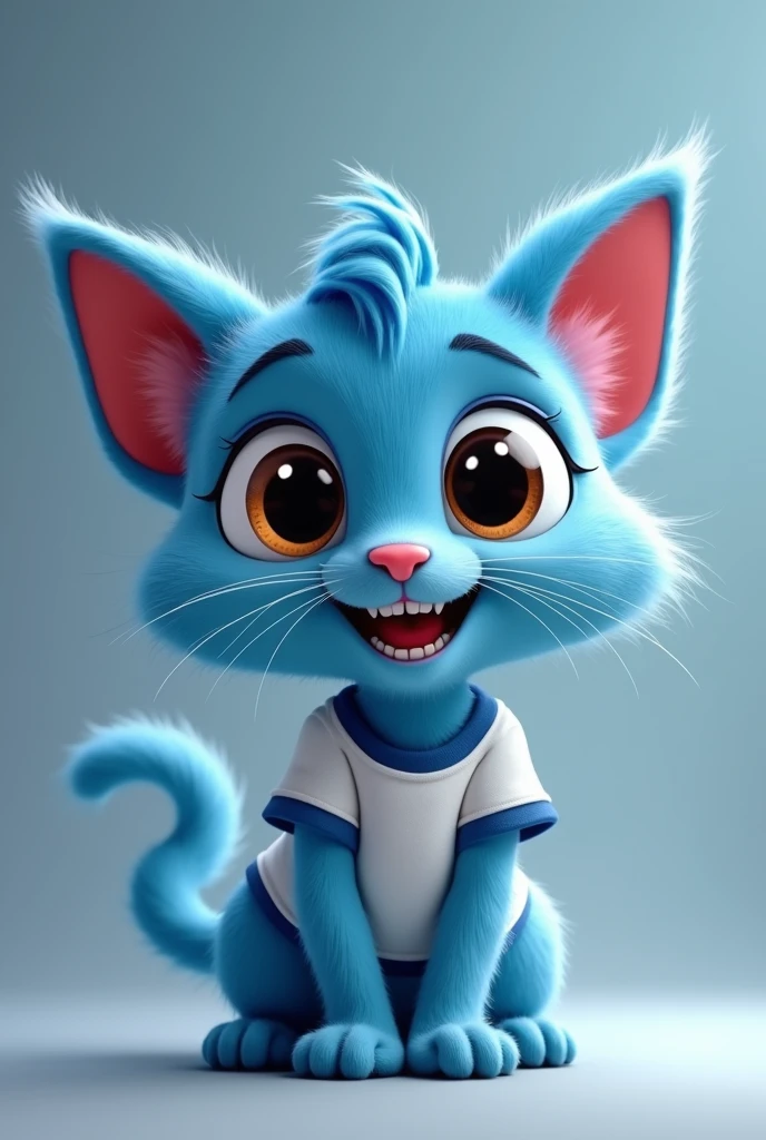 "Draw an animated character in cartoon style, similar to the style of The Amazing World of Gumball. The character is a young blue cat with large, expressive eyes., wearing a white t-shirt with blue details, with a cheerful and energetic attitude. He is smiling and looking directly at the camera, ideal for a profile picture."