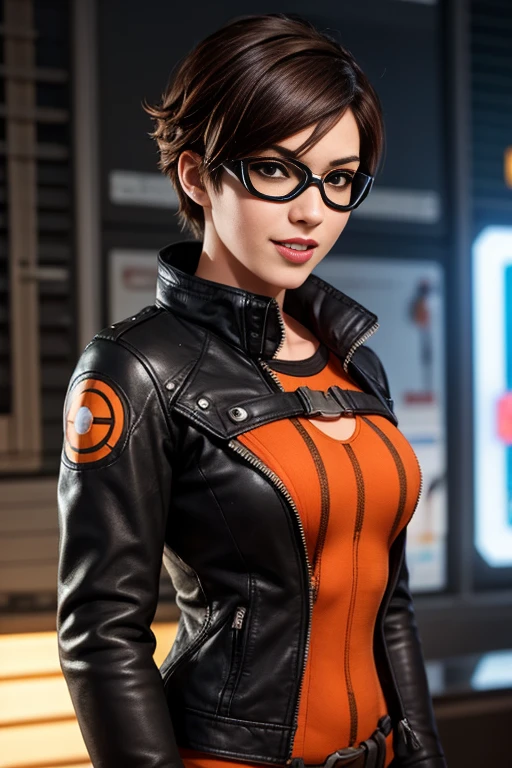 TracerOver, 1girl, tracer (overwatch), solo, orange goggles, brown hair, goggles, short hair, spiked hair, brown eyes, upper body, harness, jacket, bomber jacket, smile, looking at viewer, bodysuit, chest harness, bangs, parted lips, teeth, leather, lips, brown jacket, leather jacket, piercing