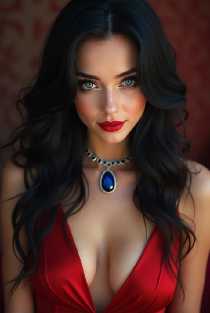 Portrait, beautiful 40-year-old plus-size model with black hair, wearing a glowing red dress, wanting a kiss, hourglass figure, symmetrical figure, highly detailed face, beautiful face, calming blue eyes, lush lips, alluring, stunning digital illustration