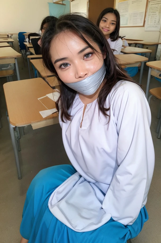 a close up selfie of a woman in a classroom, sitting on a chair in front of a table, sun kissed, warm lighting, daytime, looking at viewer, smiling, (baju kurung, white hijab:1.2), gagged, bound, bondage, duct tape