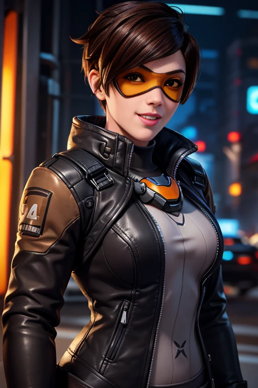 TracerOver, 1girl, tracer (overwatch), solo, orange goggles, brown hair, goggles, short hair, spiked hair, brown eyes, upper body, harness, jacket, bomber jacket, smile, looking at viewer, bodysuit, chest harness, bangs, parted lips, teeth, leather, lips, brown jacket, leather jacket, piercing