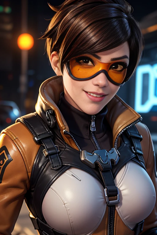 TracerOver, 1girl, tracer (overwatch), solo, orange goggles, brown hair, goggles, short hair, spiked hair, brown eyes, upper body, harness, jacket, bomber jacket, smile, looking at viewer, bodysuit, chest harness, bangs, parted lips, teeth, leather, lips, brown jacket, leather jacket, piercing