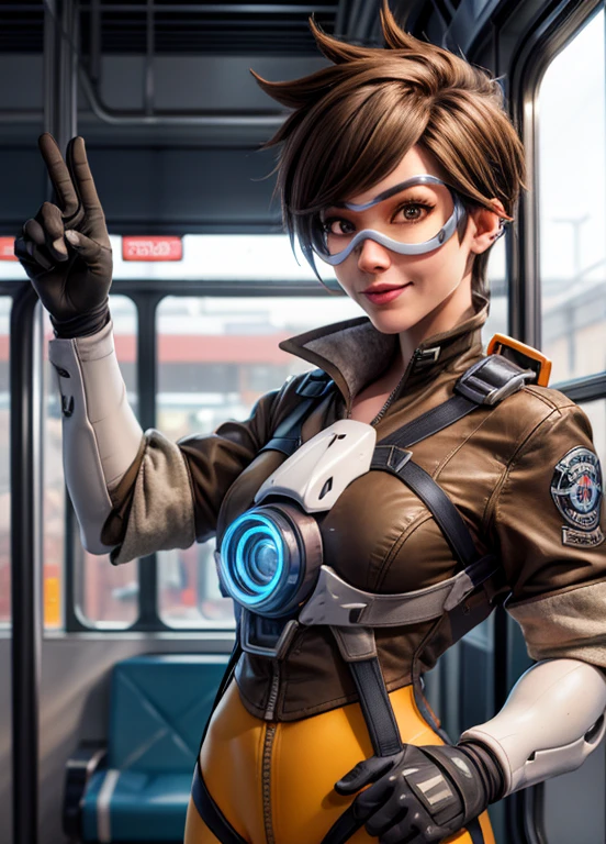 ((best quality)), ((highly detailed)), absurdres, extremely detailed face, beautiful face, (detailed eyes, deep eyes), (1girl), fisheye lense, upper body, tracer, short hair, brown eyes, ear piercing, medium breasts, smiling, goggles, bomber jacket, gloves, harness, cross-laced leggings, (inside, on a train)