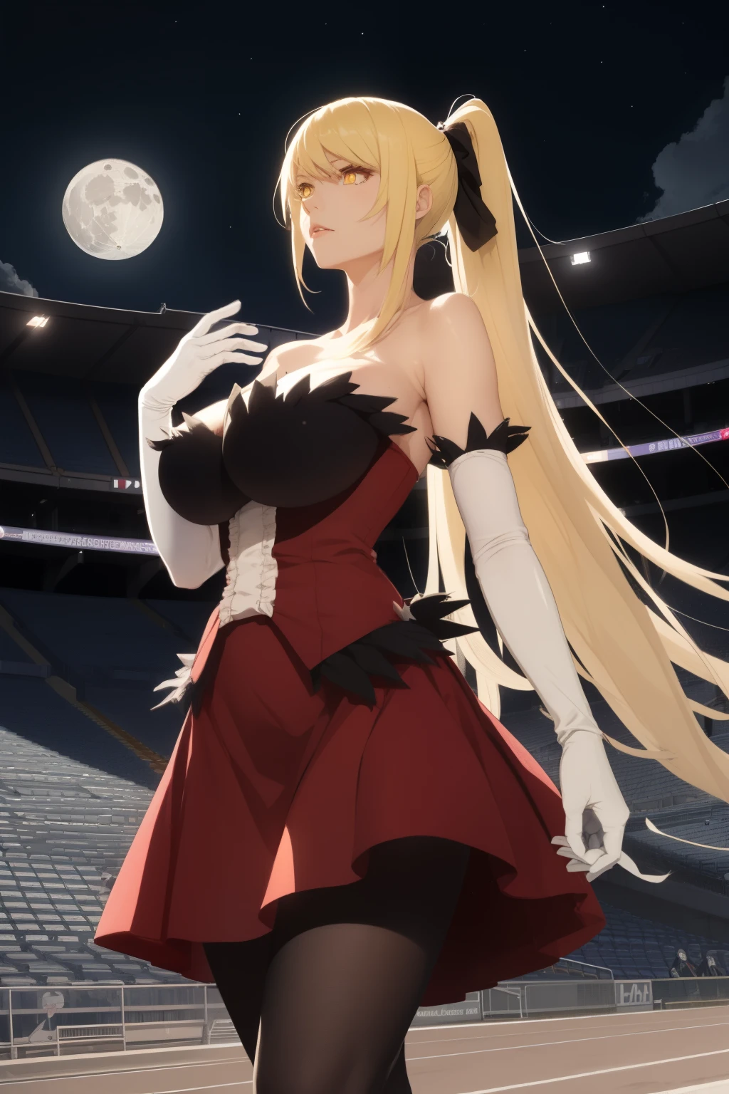 1girl in, Solo, Kiss Shot Acerola Orion Heart Under Blade, Very long hair, Blonde hair, Hair Ribbon, Yellow eyes, Red dress, cleavage, White Gloves, elbow groves, Black pantyhose, (huge tit:1.1), Standing, Looking at Viewer, Smirk, city, Night、shinny skin:1.4、dynamic、Dynamic