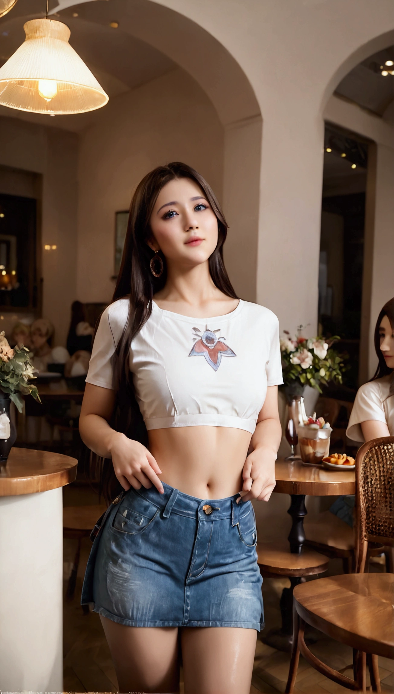 score_9, score_8_up, score_7_up, (masterpiece, realistic, best quality, ultra detailed), (white crop top:1.2), low rise denim short skirt, long hair, cafe