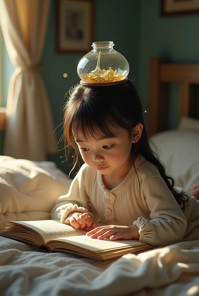 Create UHD photorealistic realistic image, no animation, no 3D image, no Pixar style. Capture a 36-month-old girl kid, sitting on a chair, with a thoughtful look, holding a small book. Background: Cozy library with warm lighting. Shot with a Sony A7R IV, 35mm lens, f/1.8, soft focus.