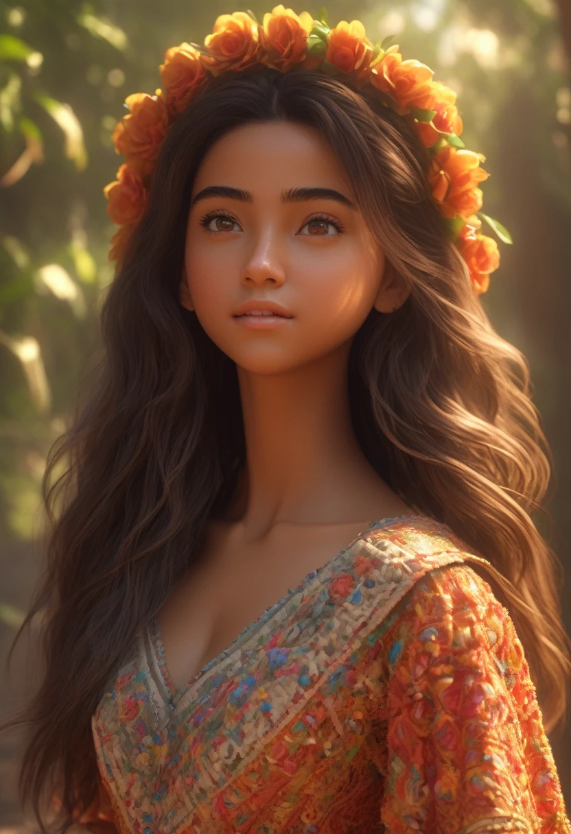 (Pixar style) A waist-high portrait of a Mexican girl with long hair, natural skin texture, 4K textures, HDR, intricate, highly detailed, sharp focus, hyper-detailed