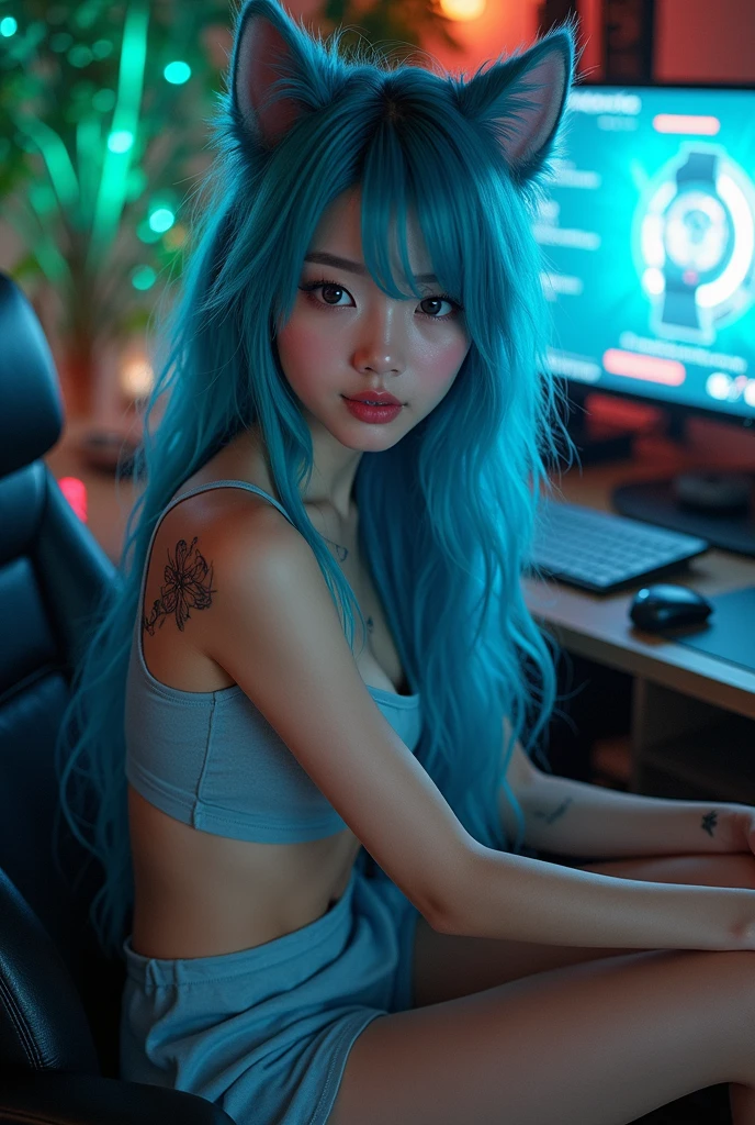 1girl, blue hair, black crop top, bubblegum, laptop, sitting on chair, typing on laptop, panties, side shot, (dark room), (just panties), messy apartment, cyberpunk, accurate hands, at night, detailed green eyes