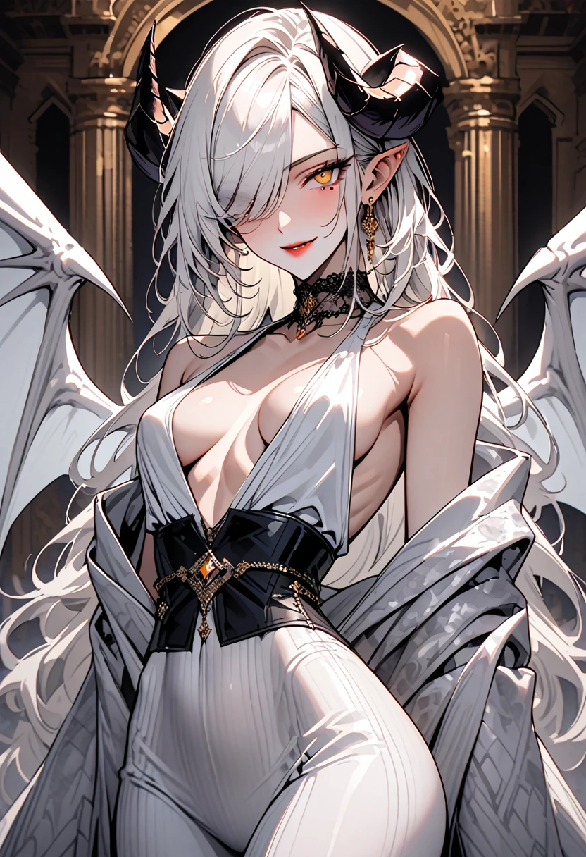 (best quality:1.2), a girl, standing alone, with white hair, a ruby headpiece, a wing hair clip, black wings, white wings, gray wings