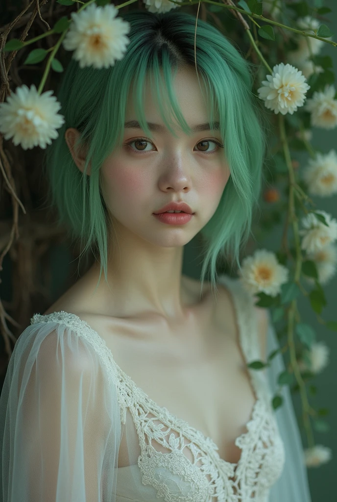 Top quality, RAW Photo, Highest Quality Image, 16K, Full body, Age 18 years old, Realistic, Photorealistic, Beautiful Asian Girls, Sexy, Perfect slender body, White pale skin, Beautiful hair, Wavy hair, Green Hair,, Short hairstyle, Detailed face, Detailed body, Detailed skin, Double eyelids, Big eyes, long eyelashes, bright eyes, green eyes, natural lips, detailed lips, slender legs, thin waist , small hip, Naked, Pussy, Hairy, Pink nipples, Round shape breasts, detailed breasts, Beautiful breasts, Big Breasts, Perfect breasts, small thighs, posing in flowers field, pink tone light , soft light , light wind