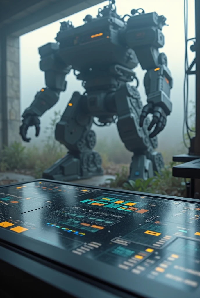 A scene where there is a highly complex machine in the background, full of intricate gears and components, but at the front there is just a simple control panel with clear and minimalist buttons. This symbolizes abstraction, where the user interacts only with the essential part without seeing the internal details.