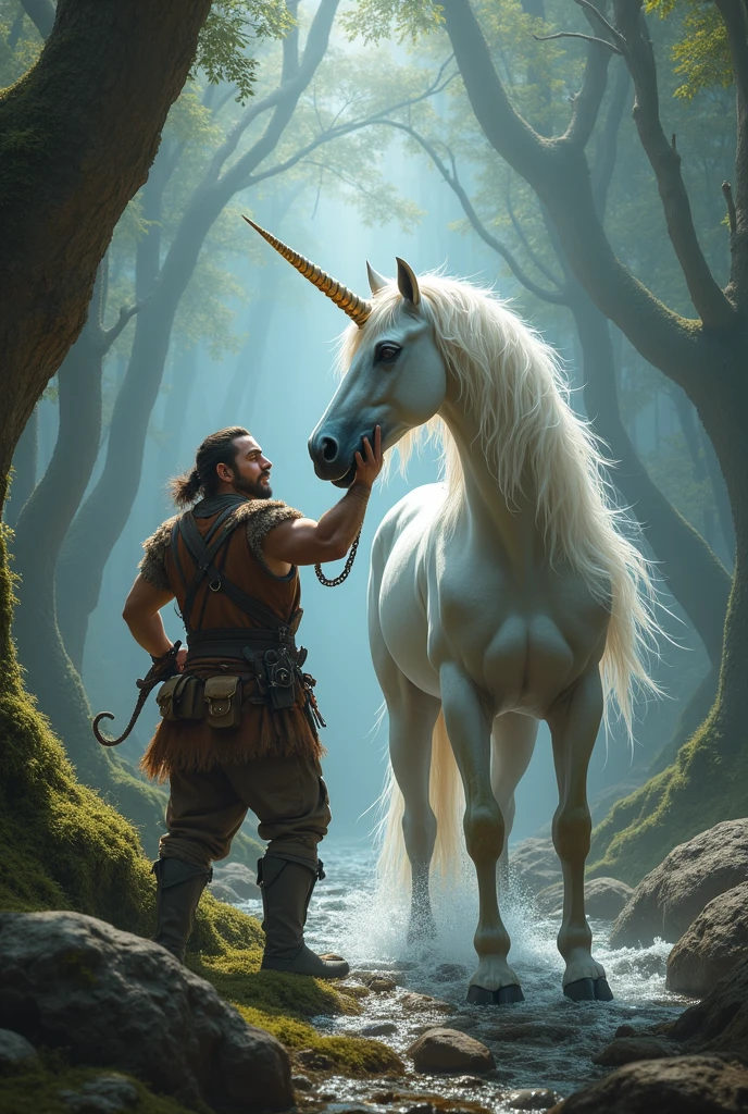 A human horse with big messy hair kissing a dwarf with huge hair and beard