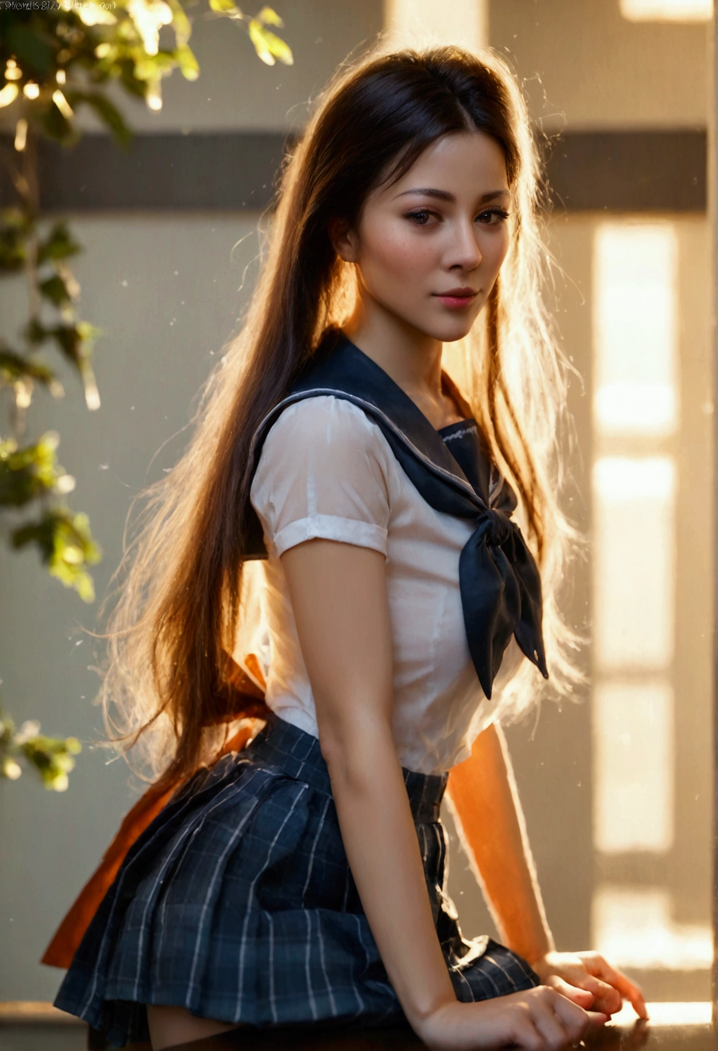 score_9, score_8_up, score_7_up, Realistic, A sultry siren in a sailor dress dominates the frame, leaning seductively against a weathered wooden dock. The navy pleated miniskirt and white  see-through shirt create a tantalizing contrast under the warm sunlight, casting a flattering glow on her porcelain skin. The soft focus background blurs out distractions, leaving only her captivating curves in sharp relief.