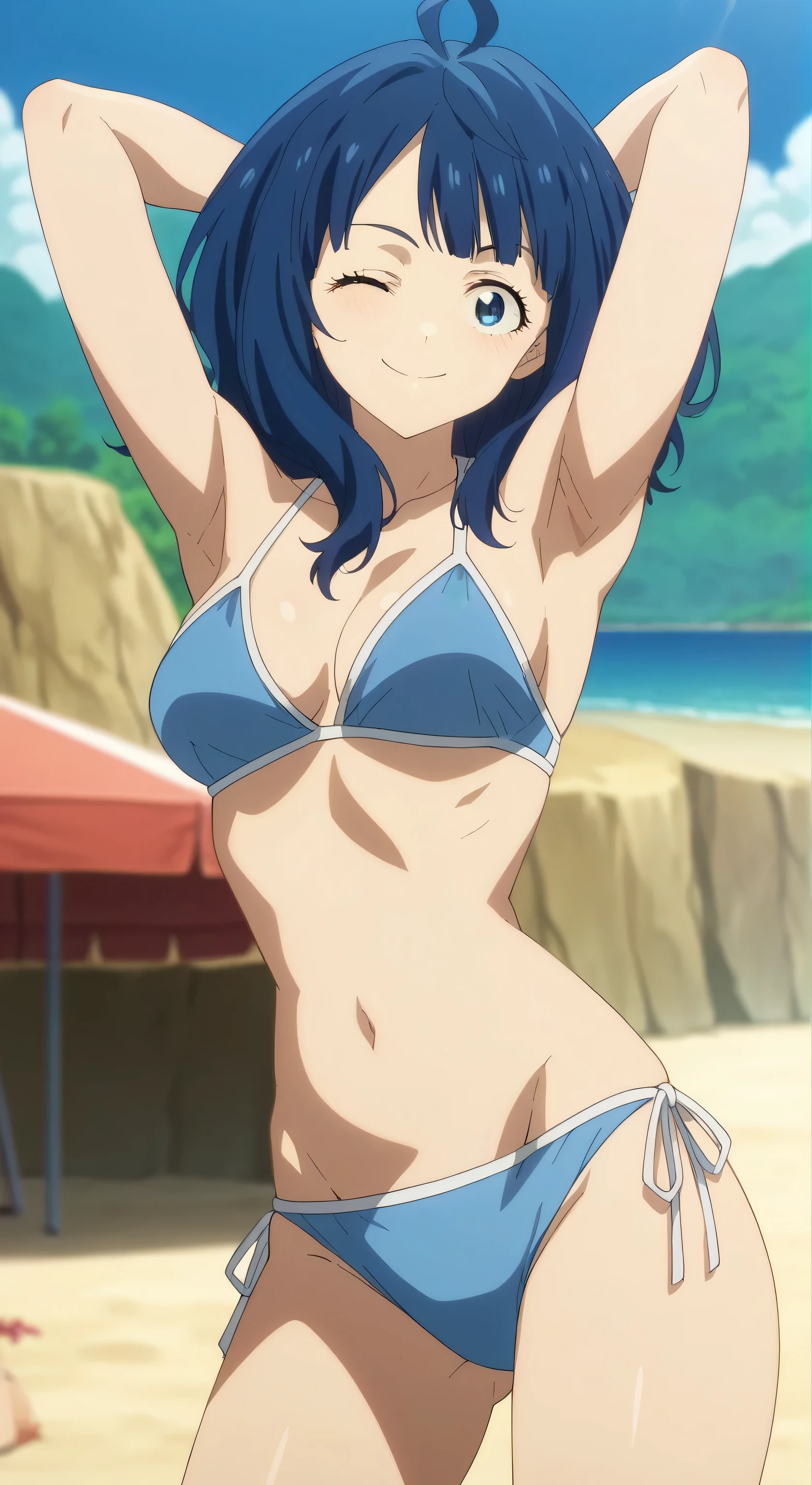 score_9, score_8_up, score_7_up, source_anime, anime screencap, outdoors, beach, day, 1girl, solo, anna yanami, medium hair, blue eyes, ahoge, blue hair, bikini, light blue bikini, side tie bikini, tighs, bare shoulders, bare arms, looking at viewer, smile, wink, closed mouth, arms behind head, armpits