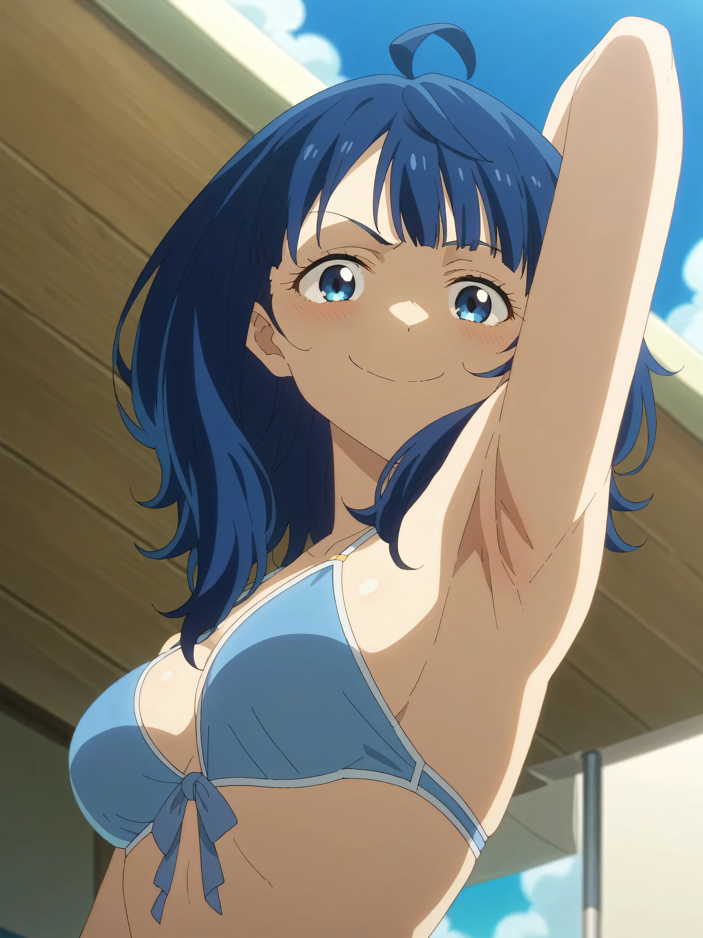 score_9, score_8_up, score_7_up, source_anime, anime screencap, outdoors, beach, day, 1girl, solo, anna yanami, medium hair, blue eyes, ahoge, blue hair, medium breasts, bikini, light blue bikini, side tie bikini, tighs, bare shoulders, bare arms, looking at viewer, smile, (smug:0.9), closed mouth, arm behind head, armpit, from side, from below, 