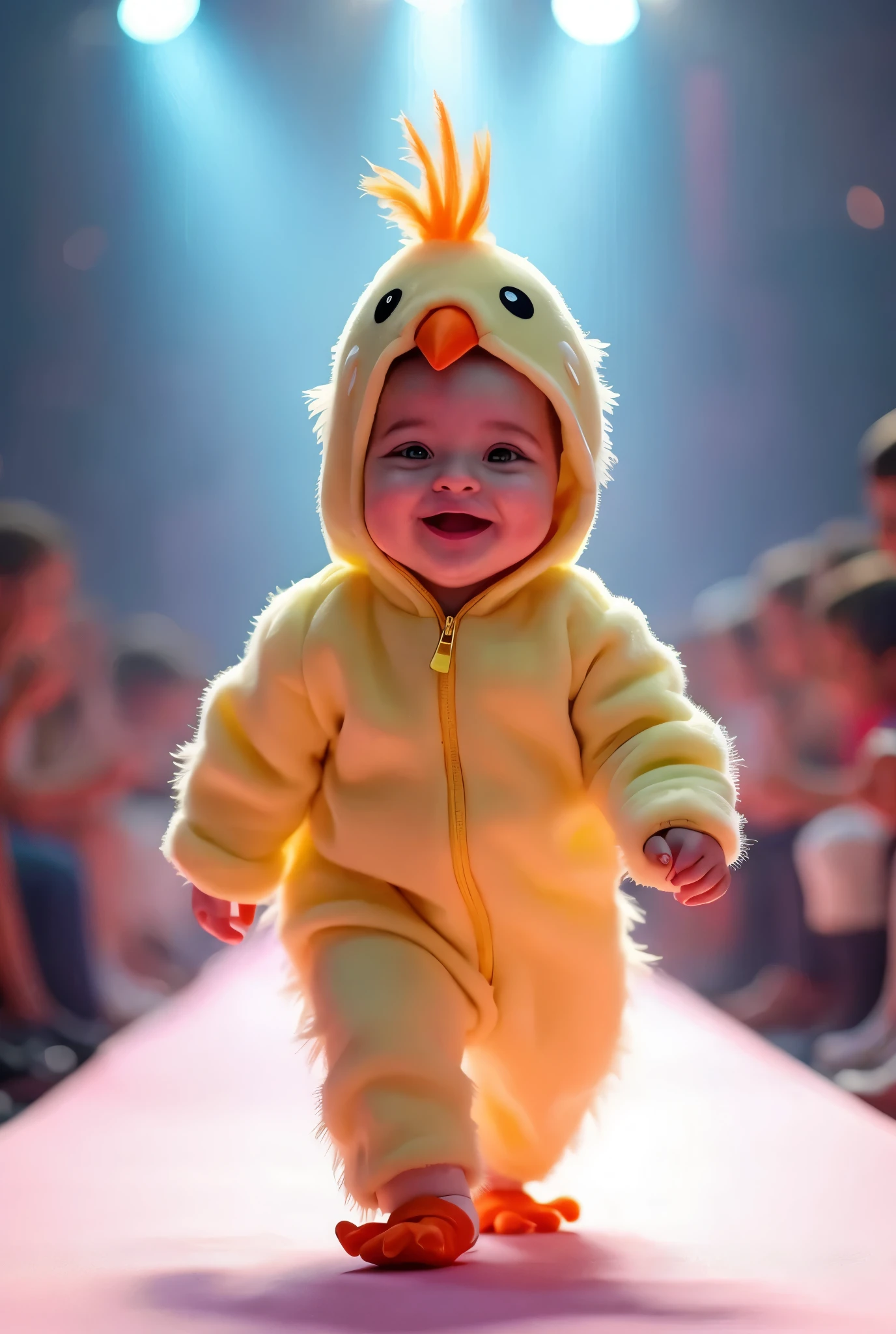 A baby in a rooster costume jumpsuit with a rooster, smiling at the camera, walking on a fashion runway, surrounded by people watching, an adult polar bear next to it, bright lighting, cute atmosphere.