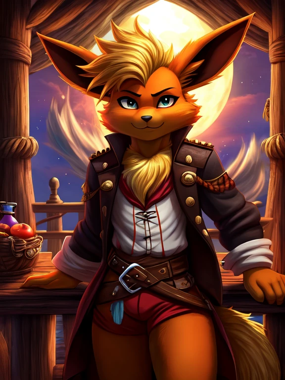 ((лучшее качество)), ((шедевр)), (подробный), 1девушка, флареон, looking at viewer, detailed background, pirate clothe, furry, flareon as a pirate