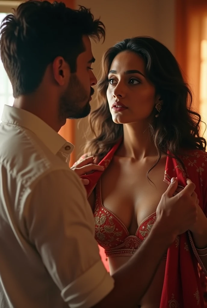 Create a realistic photograph of a smiling and beautiful indian actress in red satin carrying a large man on her shoulders in a room, man is sitting on top of her shoulders , man on top, woman at bottom , she is bending forward